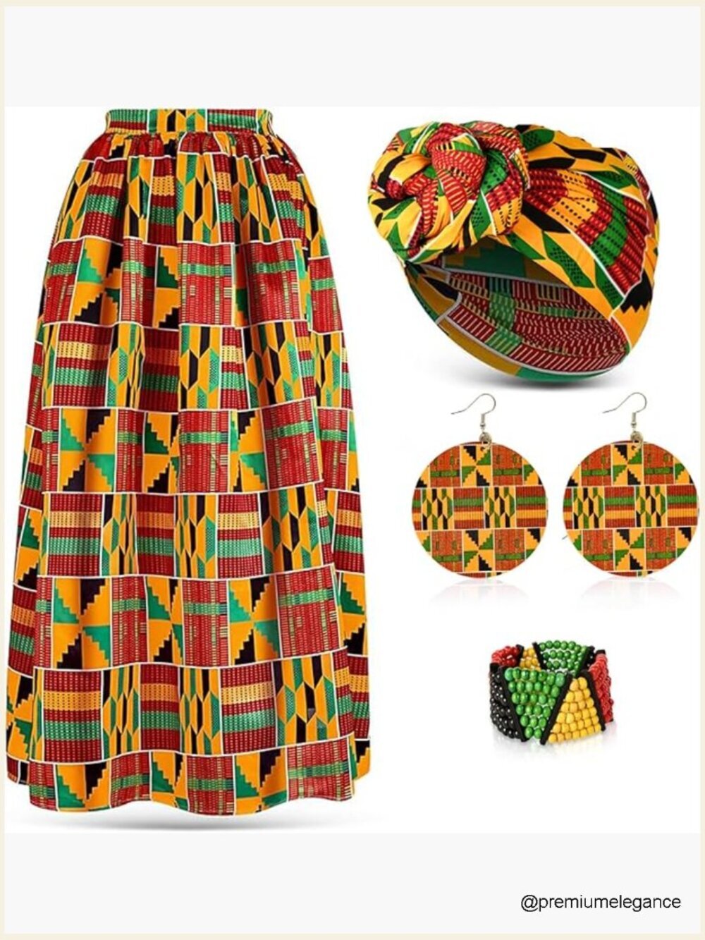 African Print Skirt Set with Head Wrap, Earrings & Bracelet